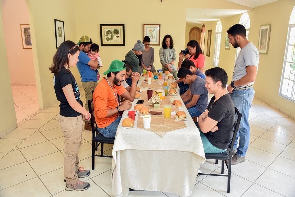 A group sharing a meal at the long dining table